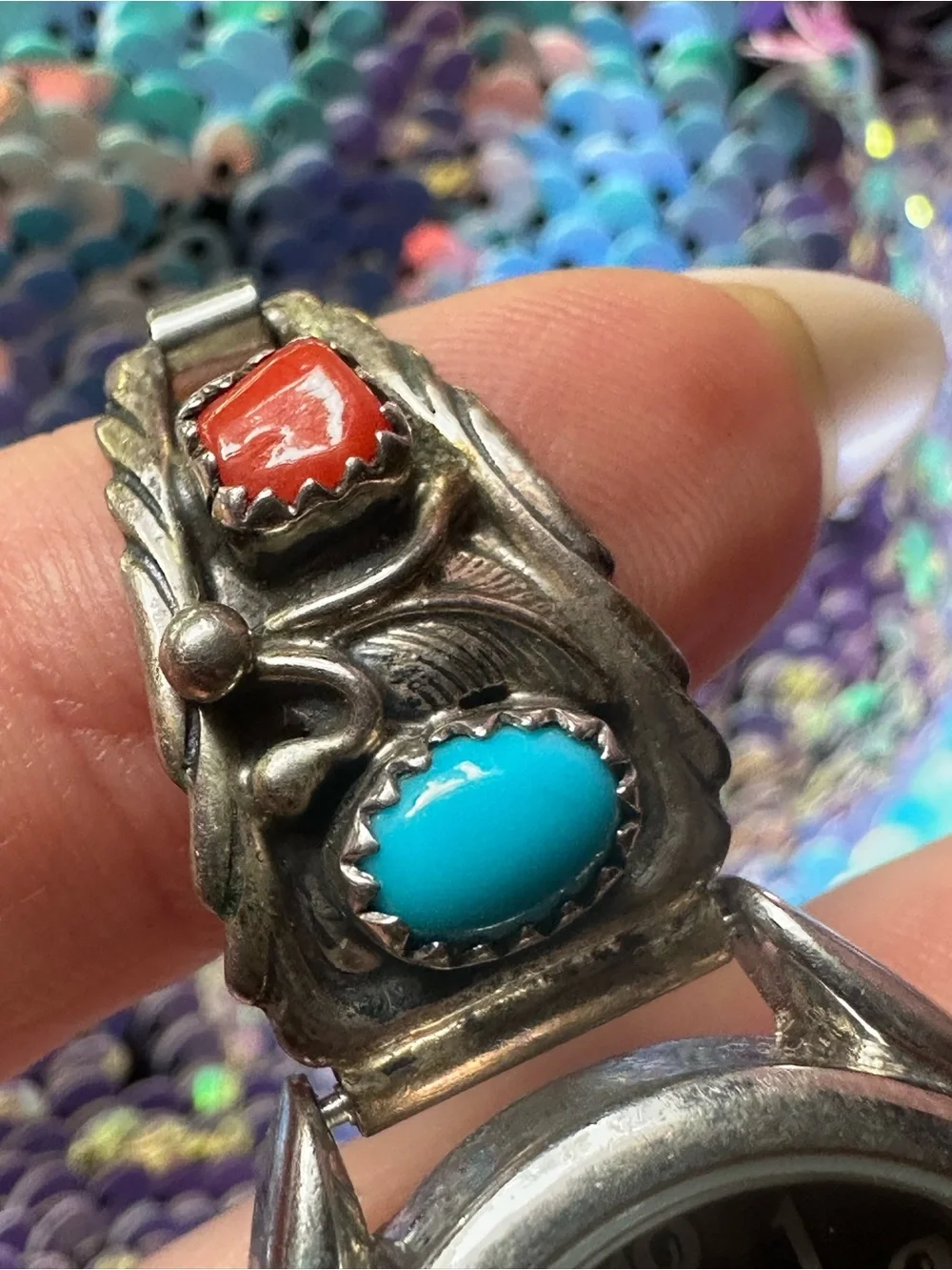 Running Bear Trading Co. • Vintage Sterling Turquoise & Coral Watch